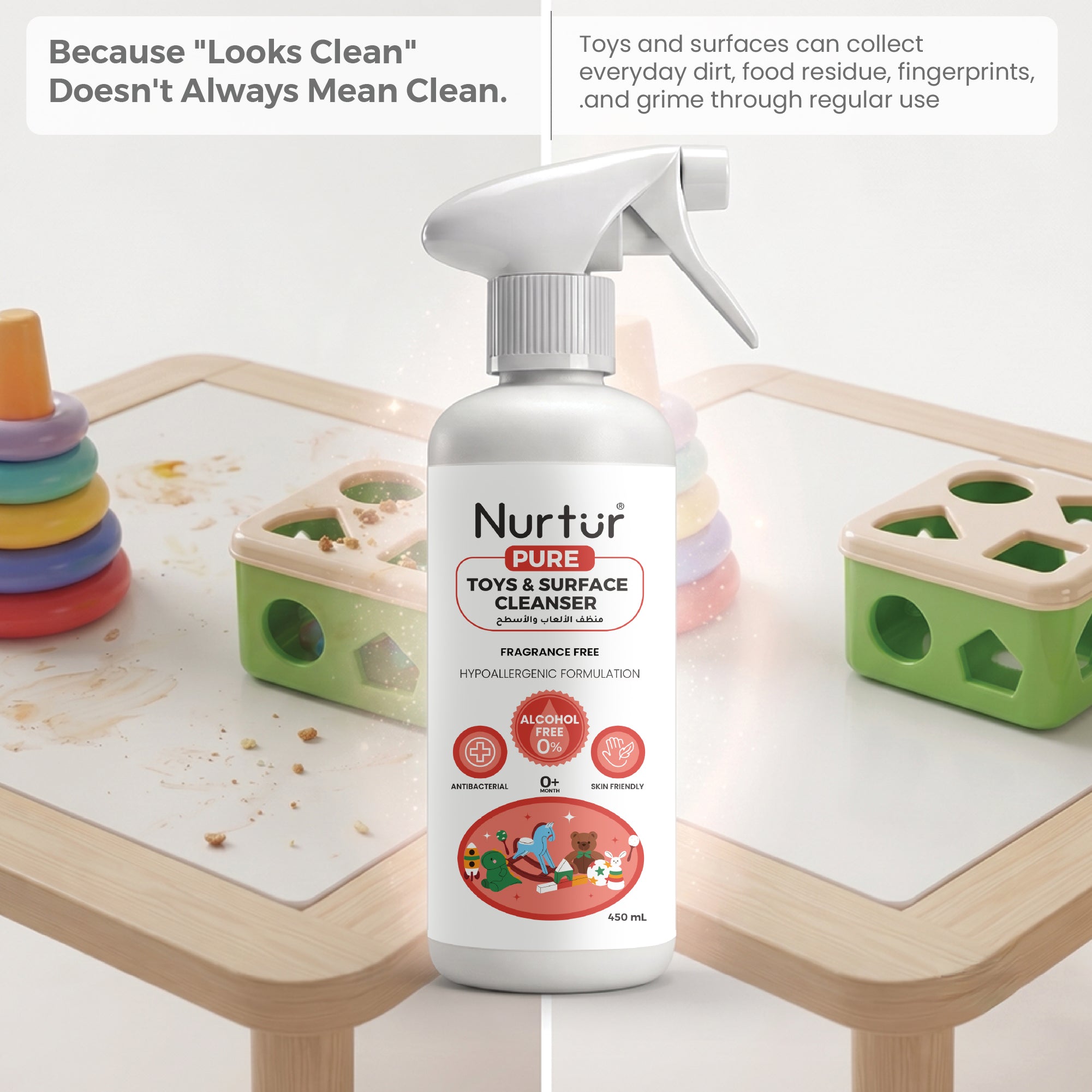 Baby Toy & Surface Cleaner Spray 450ml | Alcohol Free, Antibacterial, Fragrance Free, Halal-Compliant, Safe for Newborns, Keep your Baby's Toys & Surfaces Hygienically Clean 0+ Month