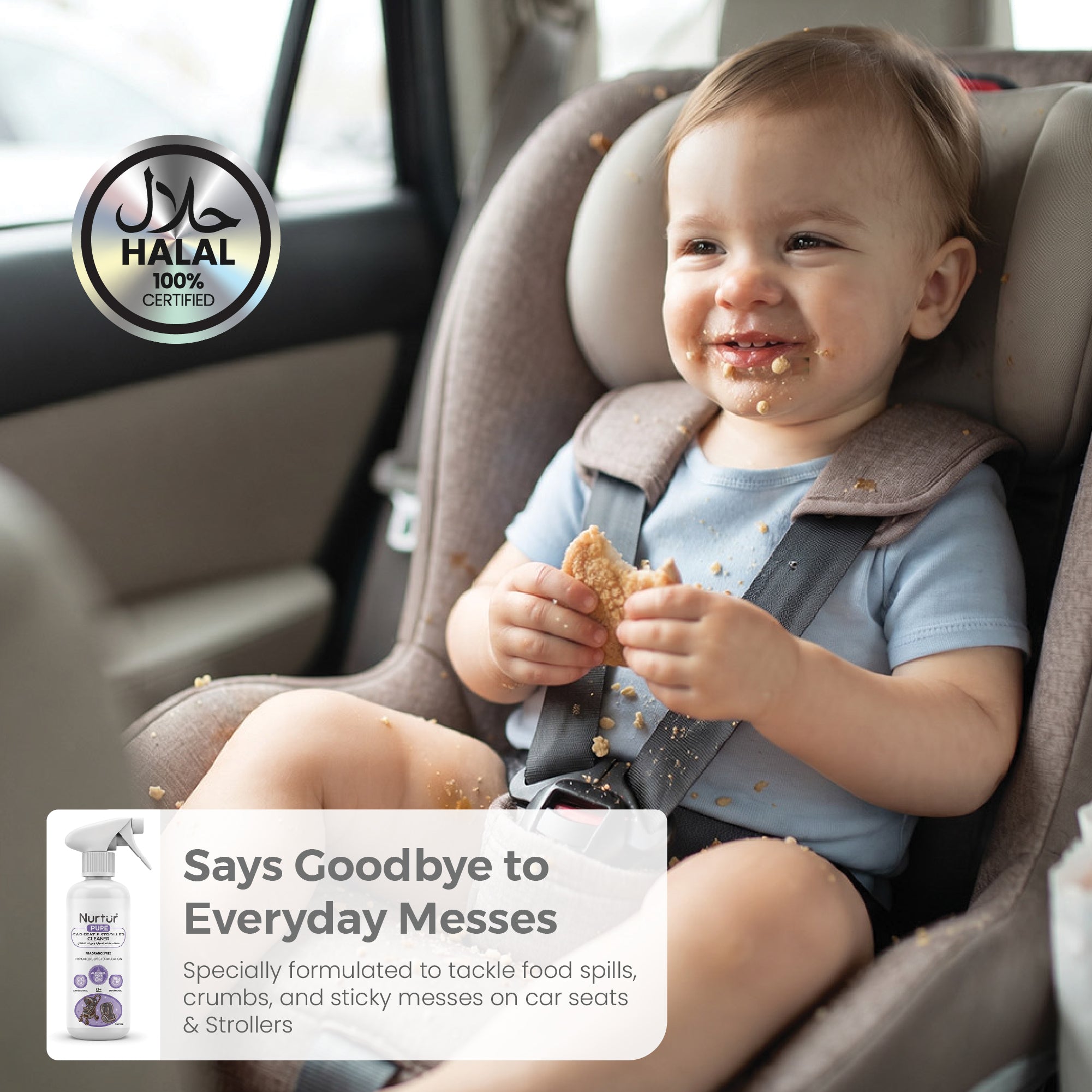 Car Seat & Stroller Cleaner Spray 450mL | Antibacterial, Alcohol Free, Removes Dirt & Stains from Fabric, Plastic & Metal | Safe for Newborns & Babies | 100% Halal Certified