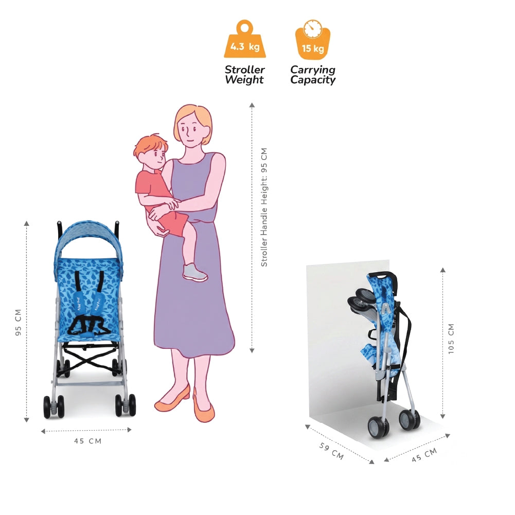 Rex Lightweight Stroller 4.8 KG Lightest Baby Carrier Buggy Stroller for Daily Use with Compact Fold, Sun Canopy, Shoulder Strap for Toddlers 6 m to 3yrs - Blue