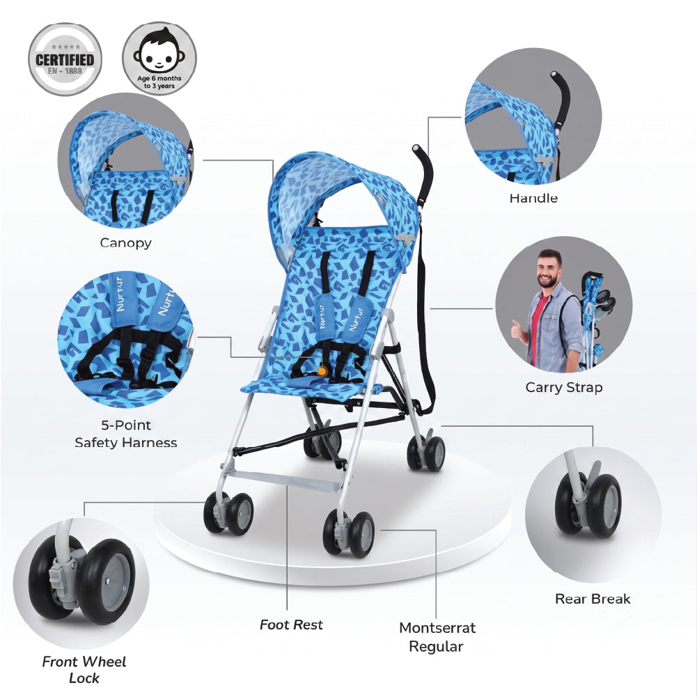 Rex Lightweight Stroller 4.8 KG Lightest Baby Carrier Buggy Stroller for Daily Use with Compact Fold, Sun Canopy, Shoulder Strap for Toddlers 6 m to 3yrs - Blue