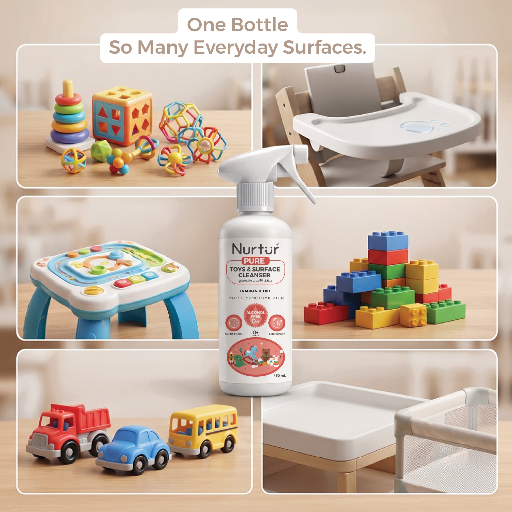 Baby Toy & Surface Cleaner Spray 450ml | Alcohol Free, Antibacterial, Fragrance Free, Halal-Compliant, Safe for Newborns, Keep your Baby's Toys & Surfaces Hygienically Clean 0+ Month