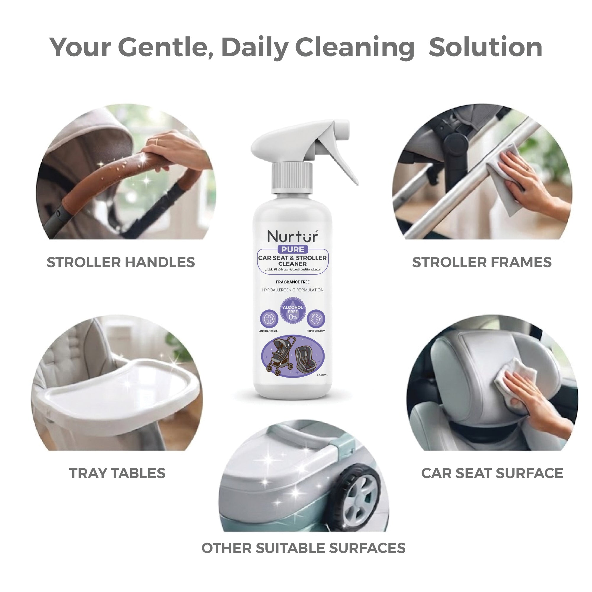 Car Seat & Stroller Cleaner Spray 450mL | Antibacterial, Alcohol Free, Removes Dirt & Stains from Fabric, Plastic & Metal | Safe for Newborns & Babies | 100% Halal Certified