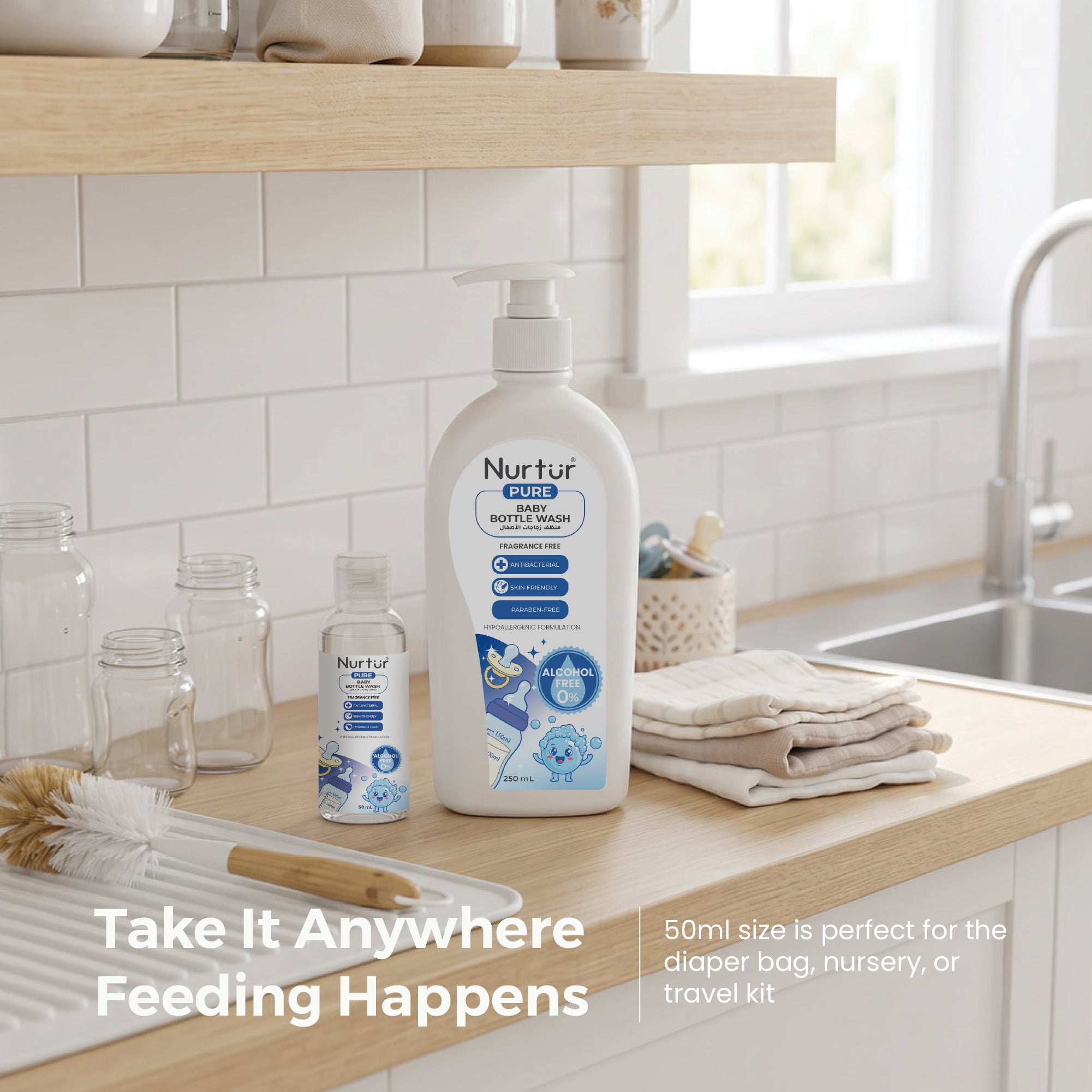 Baby Bottle Liquid Cleanser 50ml Kills 99% Bacteria, Alcohol-Free, Paraben-Free, Multipurpose Liquid Cleanser Wash Safe for Bottles, Breast Pumps, Toys & Feeding Essentials