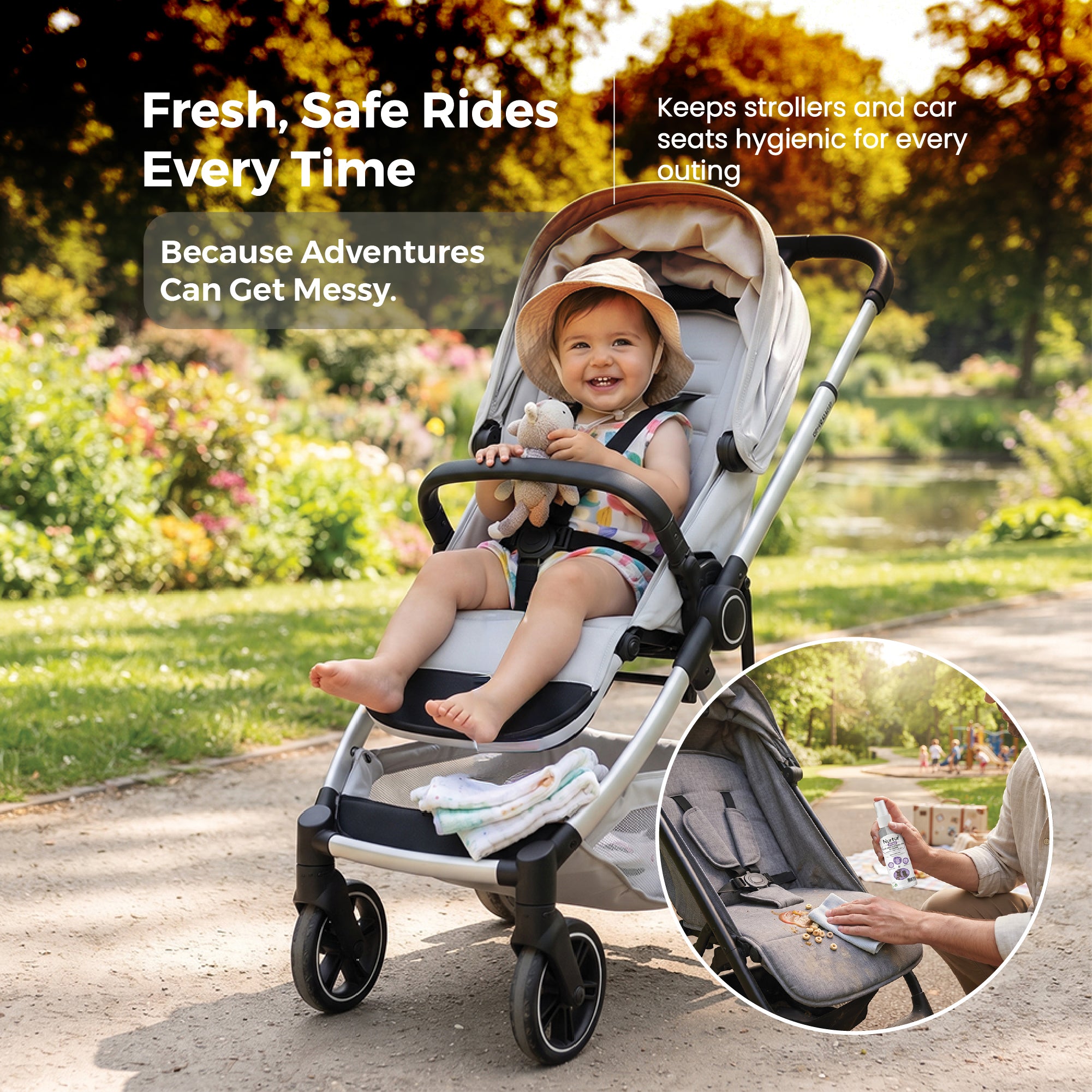 Car Seat & Stroller Cleaner Spray 50mL | Antibacterial, Alcohol Free, Removes Dirt & Stains from Fabric, Plastic & Metal | Safe for Newborns & Babies | 100% Halal Certified
