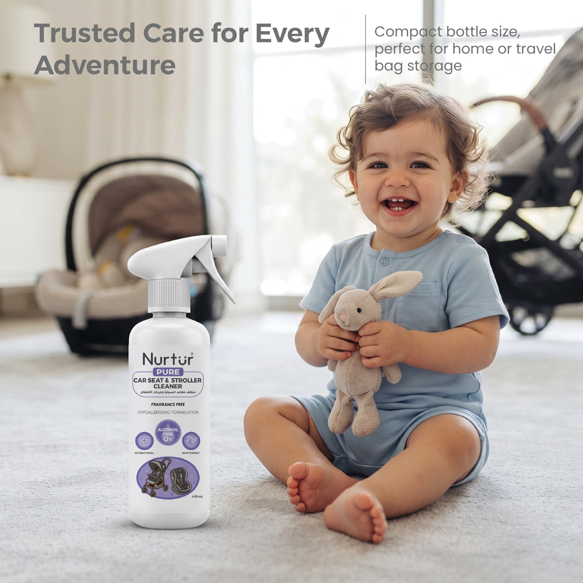 Car Seat & Stroller Cleaner Spray 450mL | Antibacterial, Alcohol Free, Removes Dirt & Stains from Fabric, Plastic & Metal | Safe for Newborns & Babies | 100% Halal Certified