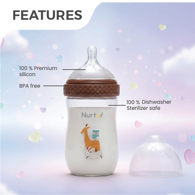Cozi Glass Baby Bottle 160ml Brown Anti-Colic Newborn Feeding Bottle 0+ Months