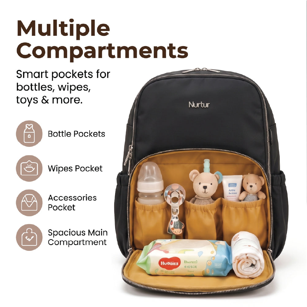 Maverick Travel Diaper Backpack Lightweight Baby Bag with Insulated Bottle Storage Black