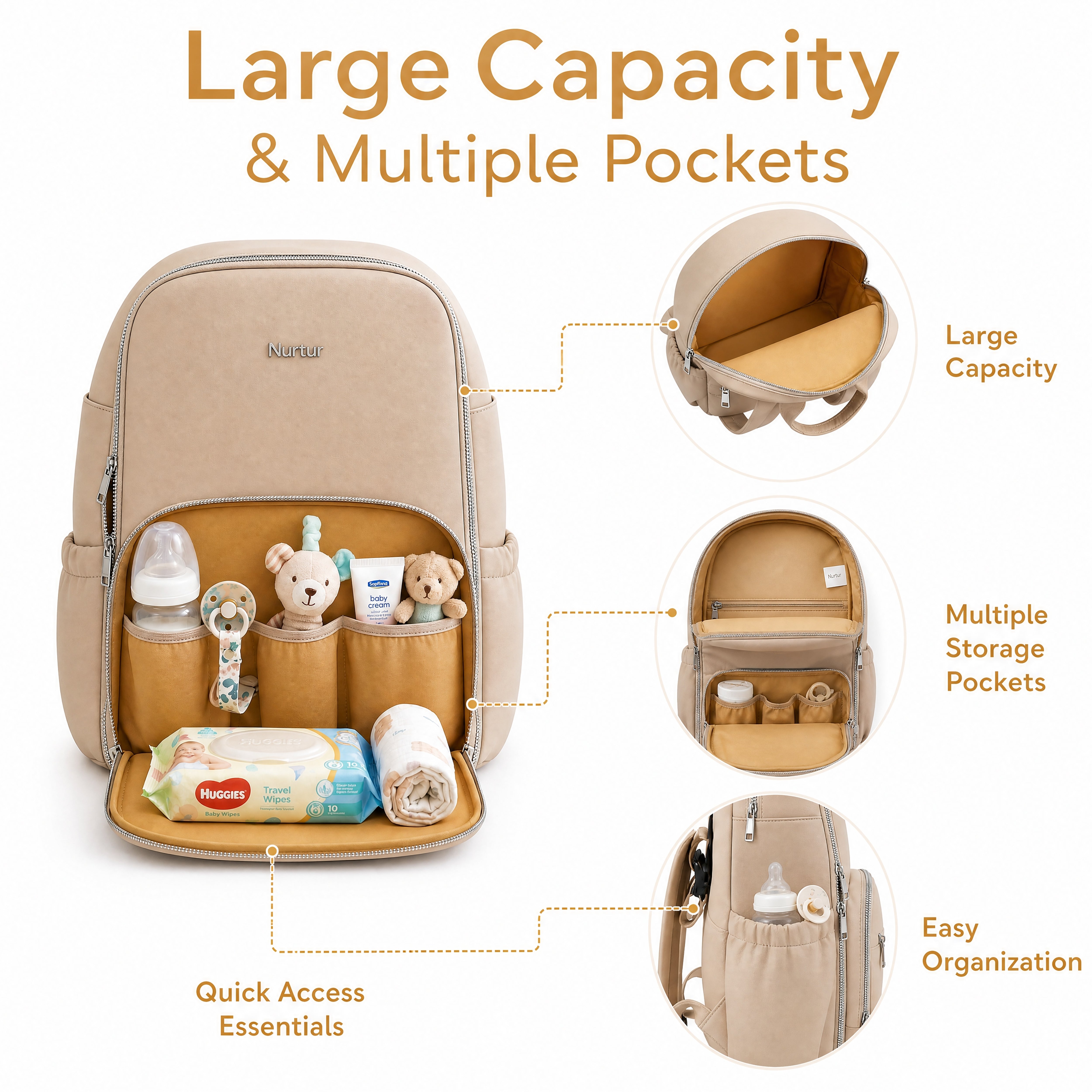 Maverick Travel Diaper Backpack Lightweight Baby Bag with Bottle Storage Beige