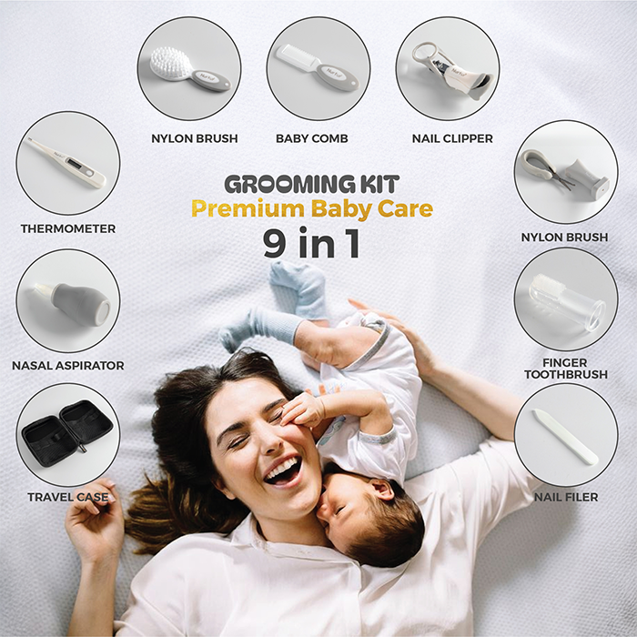 Nurtur 9-in-1 Baby Grooming Kit – Travel Pouch with Nail File, Brush & Comb, Digital Thermometer, Easy-Grip Scissors, Baby Toothbrush, Nail Clipper with Magnifier, Nasal Aspirator – Newborn Essentials