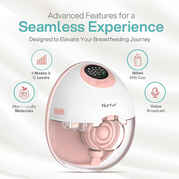 Nurtur Cozi Wearable Pump Hands Free Breast Pump, Double Electric Hands-Free Breast Pumps with 3 Modes, 9 Levels, LCD Display, Memory Function Rechargeable with Massage and Pumping Mode,150ml