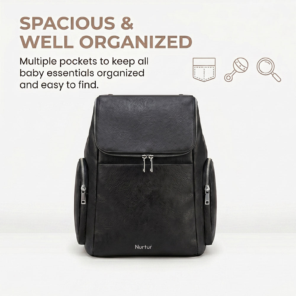 Aura Baby Diaper Bag Elegant Vegan Leather Bag with Insulated Bottle Pockets Black