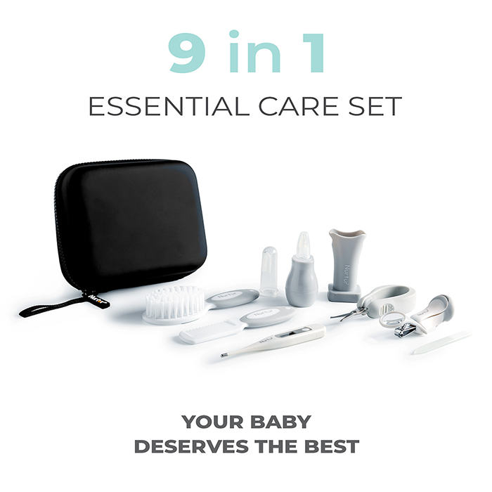 Nurtur 9-in-1 Baby Grooming Kit – Travel Pouch with Nail File, Brush & Comb, Digital Thermometer, Easy-Grip Scissors, Baby Toothbrush, Nail Clipper with Magnifier, Nasal Aspirator – Newborn Essentials