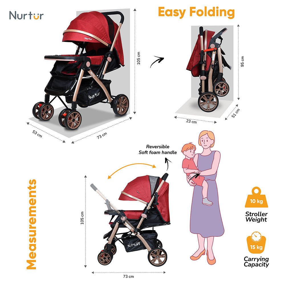 Wilder Travel Baby Stroller Lightweight Foldable Reversible Design 0–3 Months Red
