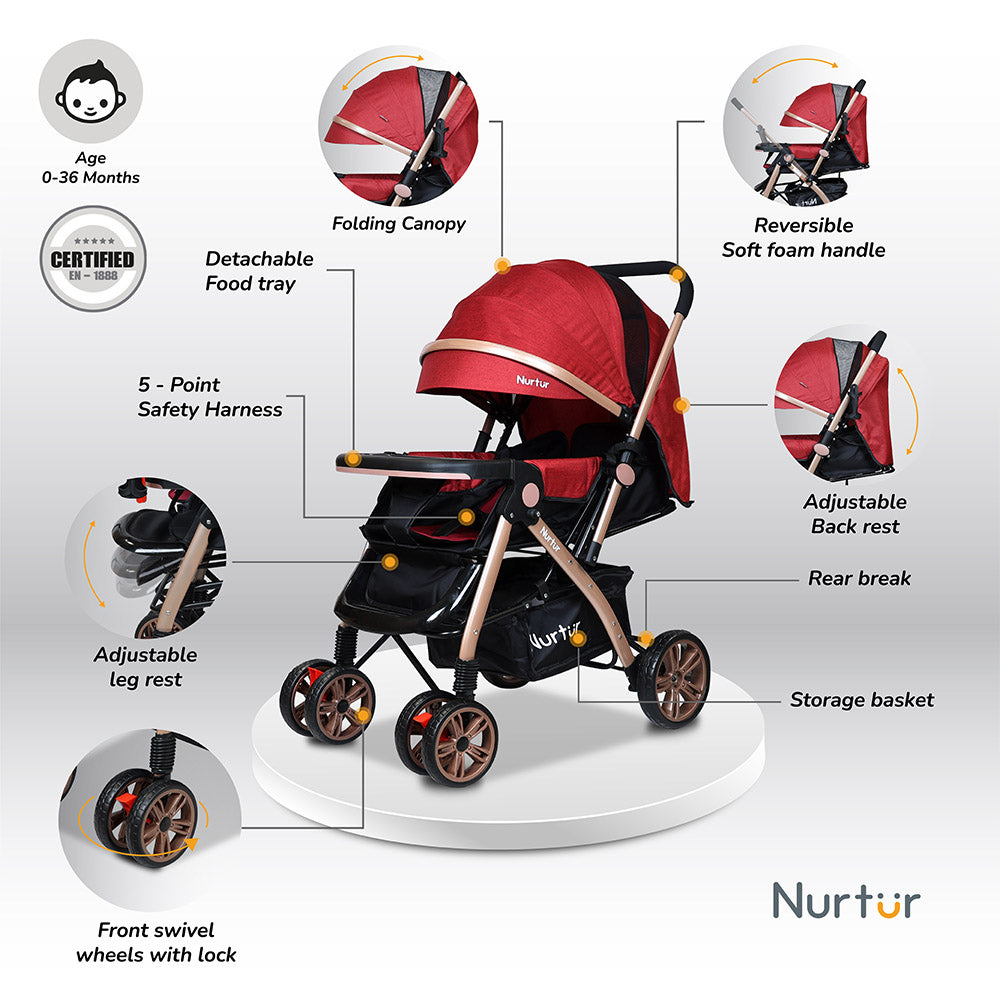 Wilder Travel Baby Stroller Lightweight Foldable Reversible Design 0–3 Months Red