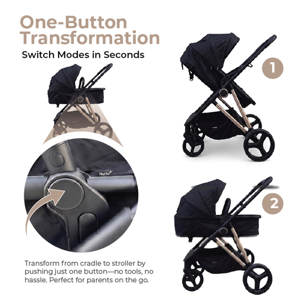 Cradle Travel Stroller Black | 2-in-1 Convertible Baby Stroller 0–36 Months
