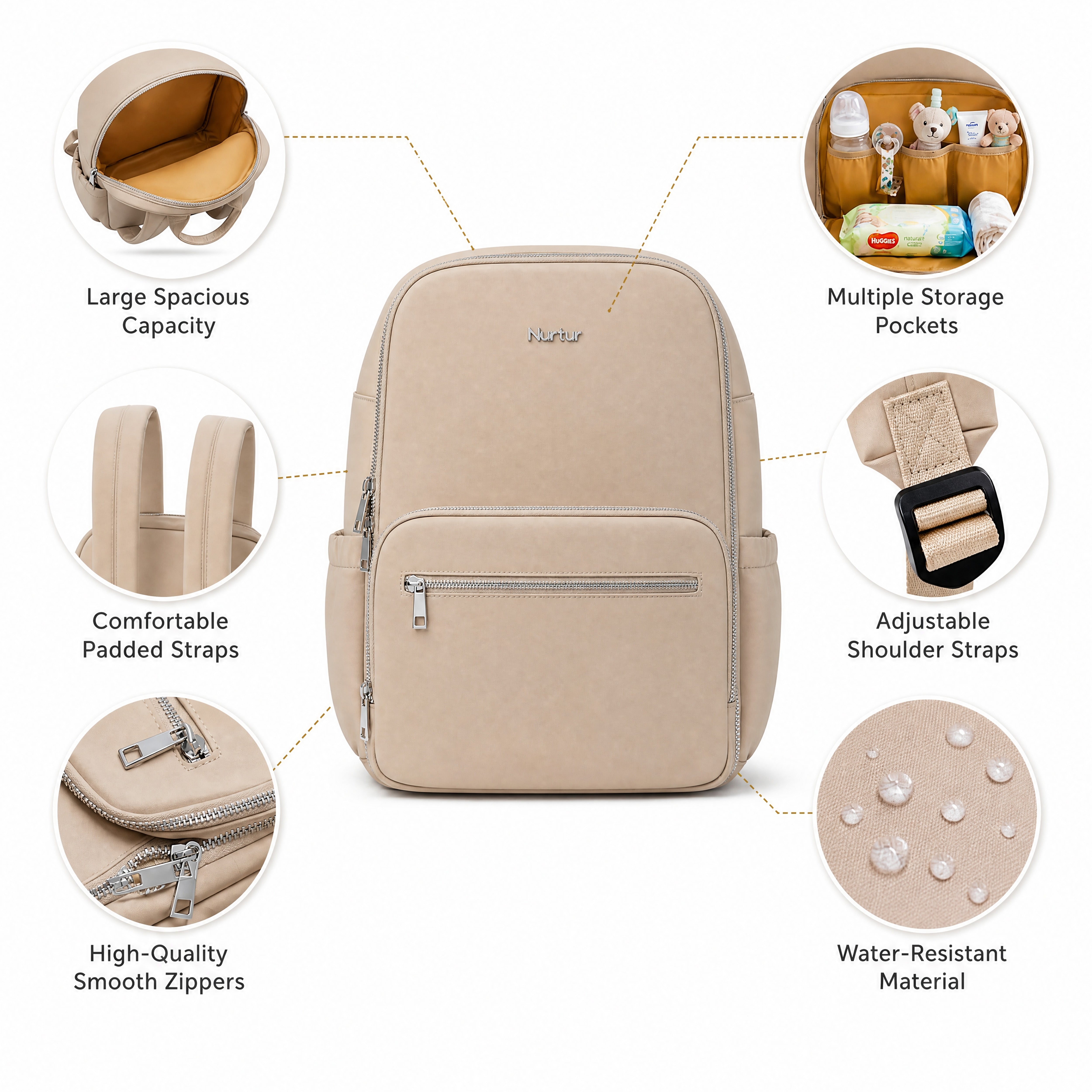 Maverick Travel Diaper Backpack Lightweight Baby Bag with Bottle Storage Beige