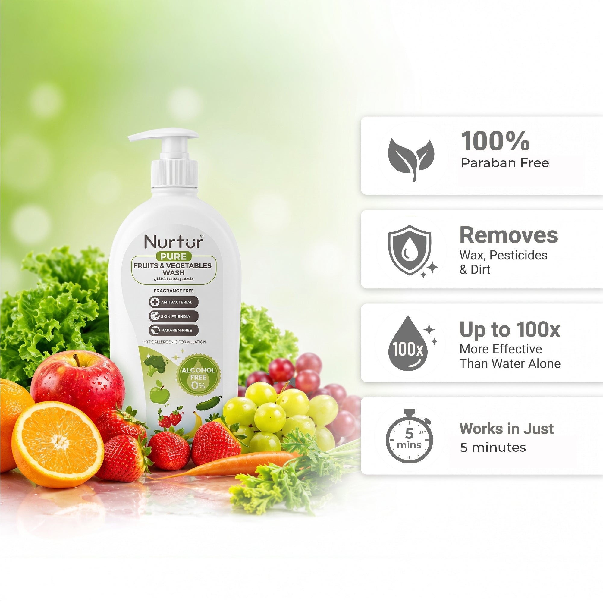 Fruits & Vegetables Wash 500ml, Produce Wash and Cleaner Fragrance-Free, Removes Dirt, Wax & Surface Residue, Food-Safe Fruit Cleaner, Alcohol-Free, Paraben-Free, Baby & Family Safe