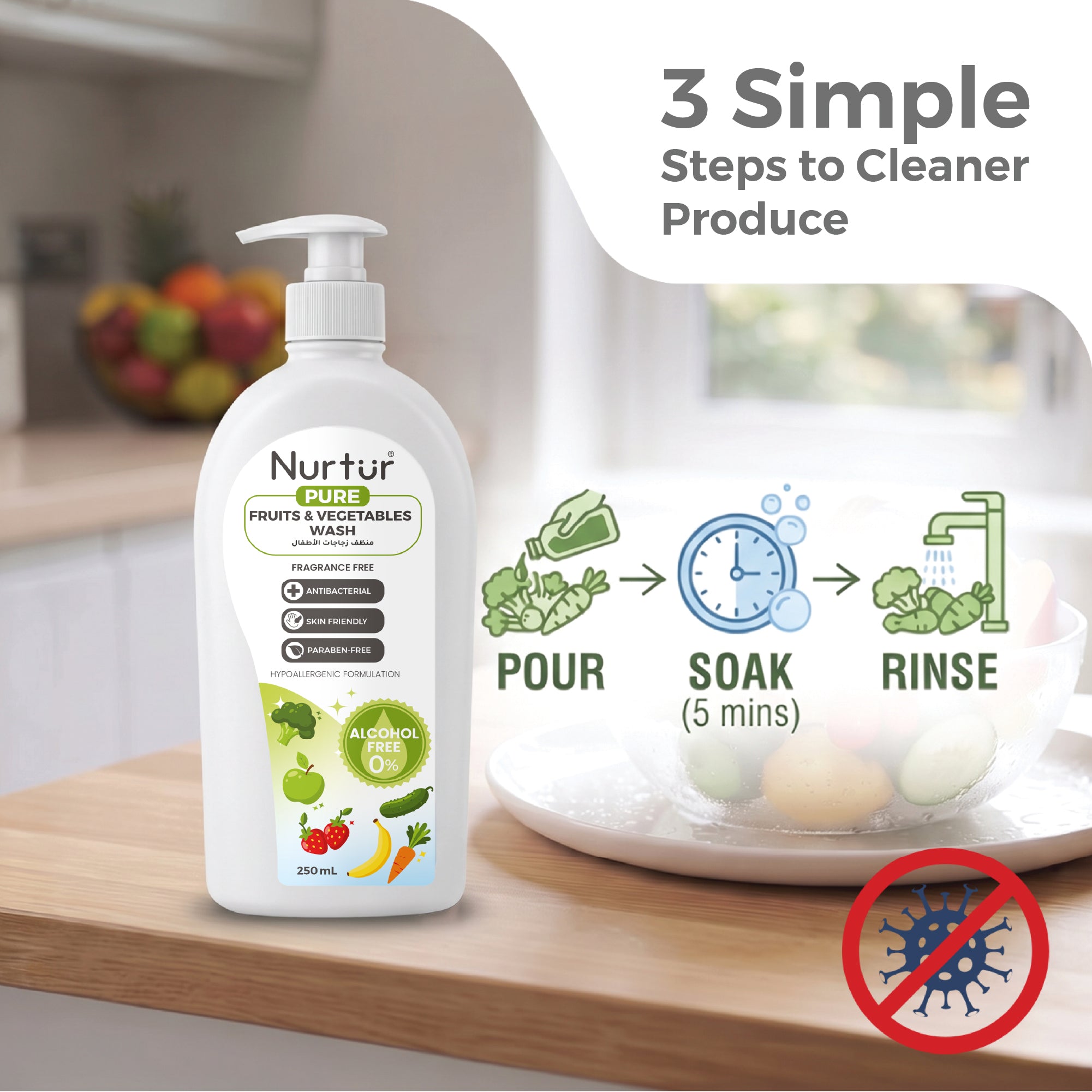 Fruits & Vegetables Wash 500ml, Produce Wash and Cleaner Fragrance-Free, Removes Dirt, Wax & Surface Residue, Food-Safe Fruit Cleaner, Alcohol-Free, Paraben-Free, Baby & Family Safe
