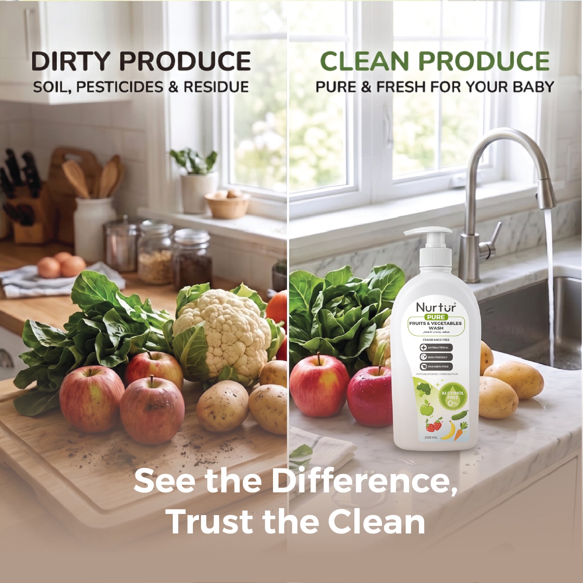 Fruits & Vegetables Wash 500ml, Produce Wash and Cleaner Fragrance-Free, Removes Dirt, Wax & Surface Residue, Food-Safe Fruit Cleaner, Alcohol-Free, Paraben-Free, Baby & Family Safe